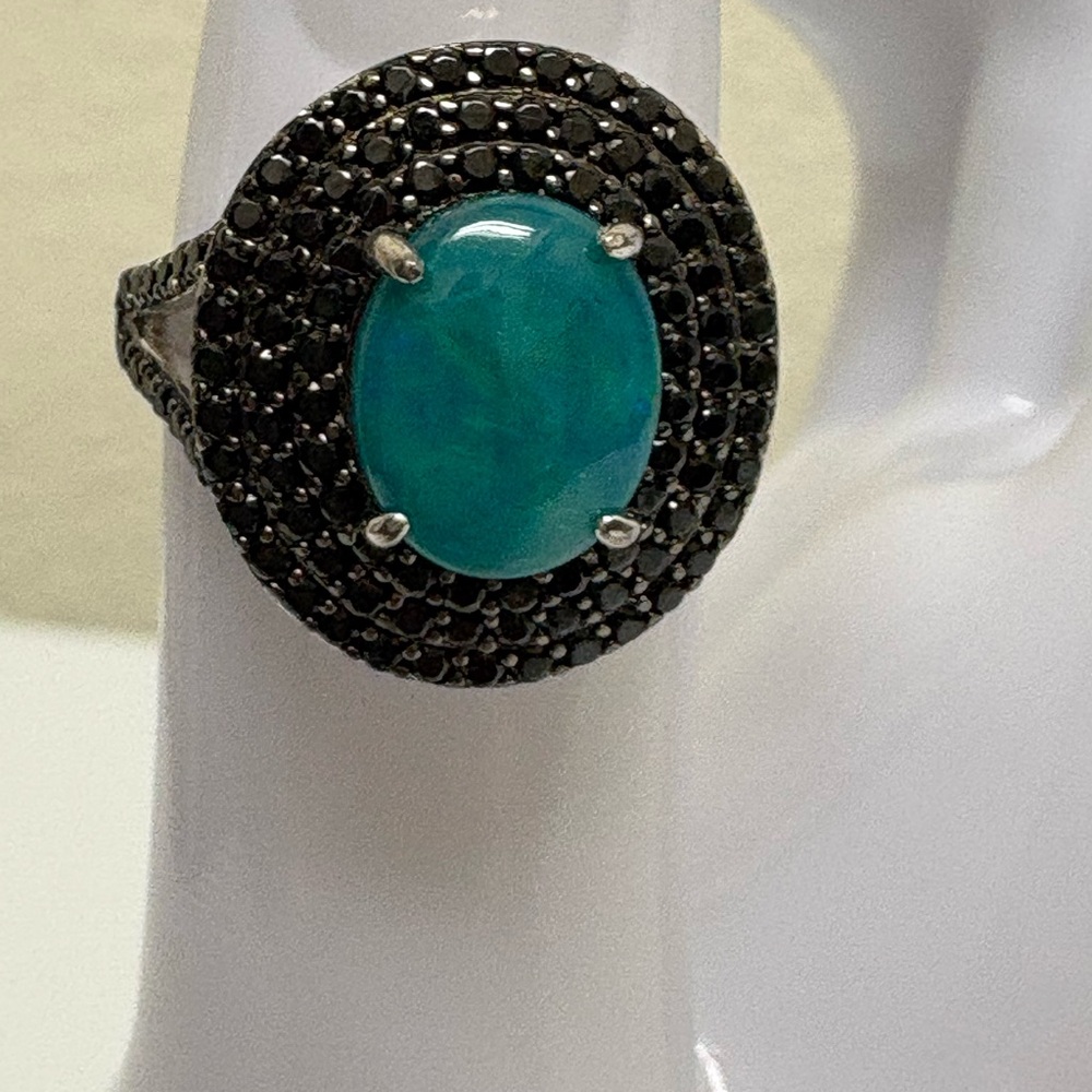 Elegant Blue Opal & Black Spinel Silver Ring